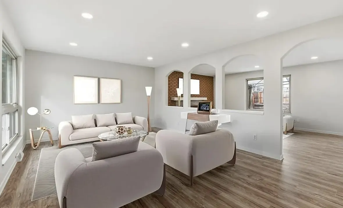 The same living room later, cleared and updated